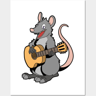 Cartoon opossum playing guitar Posters and Art